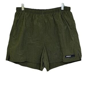 Speedo Swim Trunks Mens Medium Dark Green Elastic Waist Built in Briefs Pockets